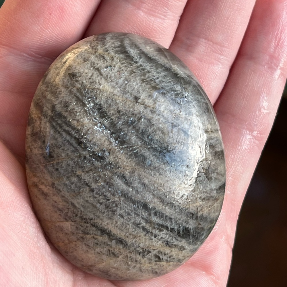 Gemstones Grey Moonstone natural large tumbled crystal palm worry stone silver